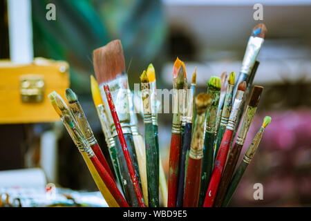 Painter's different brushes style for acrylic and oil paint multicolor close-up Stock Photo