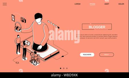 Blogging - line design style isometric web banner Stock Vector