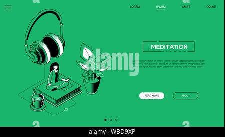 Meditation - line design style isometric web banner Stock Vector