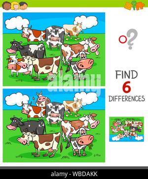 Cartoon Illustration of Finding Six Differences Between Pictures Educational Game for Children with Cows Farm Animal Characters Stock Vector