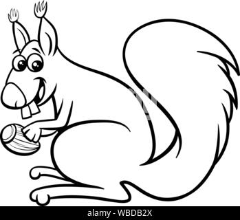Black and White Cartoon Illustration of Funny Squirrel Rodent Animal Character with Acorn Coloring Book Page Stock Vector
