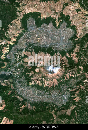 Color satellite image of Mount Aso, the largest active volcano in Japan, located on the island of Kyushu. Image collected on January 02, 2018 by Sentinel-2 satellites. Stock Photo