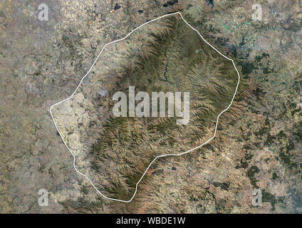 Color satellite image of Lesotho (with administrative boundaries). This image was compiled from data acquired by Sentinel-2 & Landsat 8 satellites. Stock Photo
