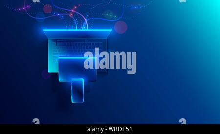 Conceptual illustration digital technology. Hanging smart phone, tablet, laptop. Porting programs to mobile platforms. development of cross-platform Stock Vector