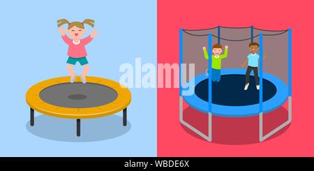 Trampoline jumping banner set, flat style Stock Vector
