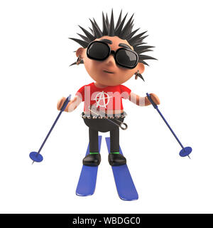 3d punk rock cartoon character skiing on skis, 3d illustration render Stock Photo