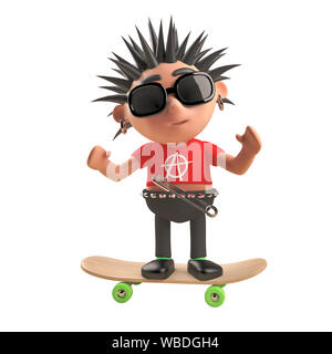 3d punk rock cartoon character standing on a skateboard, 3d illustration render Stock Photo