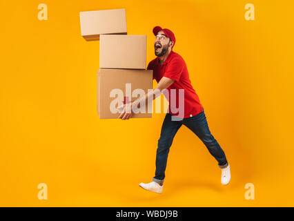 Delivery man in red cap, face medical mask, gloves hold take away