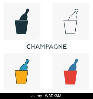 Champagne icon set. Four elements in diferent styles from bar and restaurant icons collection. Creative champagne icons filled, outline, colored and Stock Vector