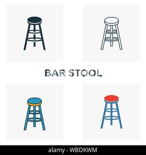 Bar Stool icon set. Four elements in diferent styles from bar and restaurant icons collection. Creative bar stool icons filled, outline, colored and Stock Vector