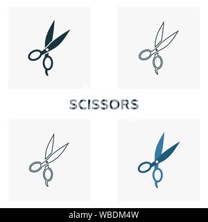 Scissors icon set. Four elements in diferent styles from barber shop icons collection. Creative scissors icons filled, outline, colored and flat Stock Vector