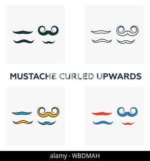 Mustache Curled Upwards icon set. Four elements in diferent styles from barber shop icons collection. Creative mustache curled upwards icons filled Stock Vector