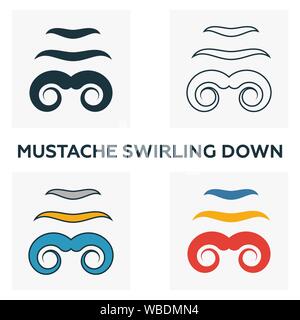 Mustache Swirling Down icon set. Four elements in diferent styles from barber shop icons collection. Creative mustache swirling down icons filled Stock Vector