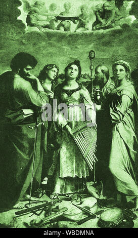 A vintage religious portrait of St Cecilia (Sancta Caecilia) with St Paul, St John & St Mary Magdalene. (based on a painting by Raphael) She is a Roman martyr and  Patron saint of musicians & church music . She features in the religion of Latin Catholic, Eastern Catholic and Eastern Orthodox churches and in the Anglican Communion. Stock Photo