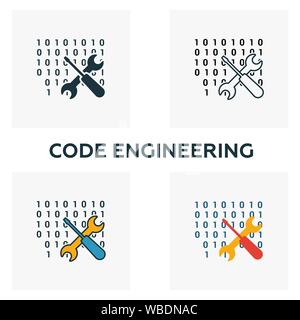 Code Engineering icon set. Four elements in diferent styles from big data icons collection. Creative code engineering icons filled, outline, colored Stock Vector