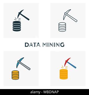 Data Mining icon set. Four elements in diferent styles from big data icons collection. Creative data mining icons filled, outline, colored and flat Stock Vector