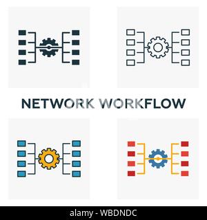 Network Workflow icon set. Four elements in diferent styles from big data icons collection. Creative network workflow icons filled, outline, colored Stock Vector