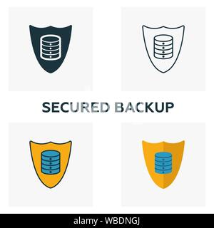Secured Backup icon set. Four elements in diferent styles from big data icons collection. Creative secured backup icons filled, outline, colored and Stock Vector