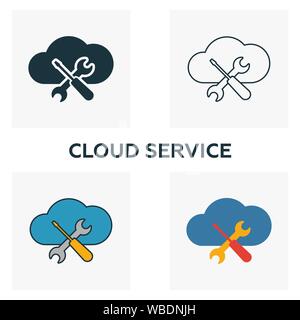 Cloud Service icon set. Four elements in diferent styles from big data icons collection. Creative cloud service icons filled, outline, colored and Stock Vector