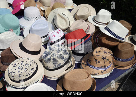 Hats for sale on a market Stock Photo