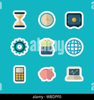 laptop chart piggy bank clock box calculator finance icons flat design Stock Vector
