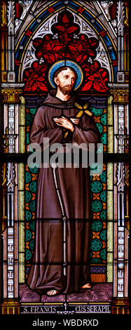 Stained glass window depicting Saint Francis of Assisi (S. Franciscus Seraph.) in the Cathedral of St Elisabeth (Dom Svatej Alzbety). Stock Photo