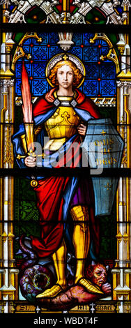 Stained glass window depicting Saint Michael the Archangel in the Cathedral of St Elisabeth (Dom Svatej Alzbety). Stock Photo