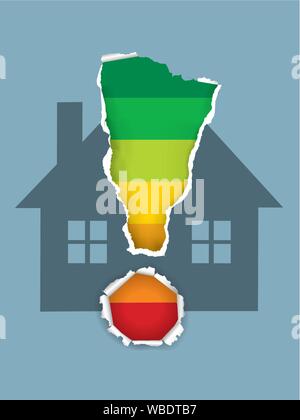 Buildings Energy Performance Scale with house symbol. Torn paper exclamation mark symbol with energy efficiency scale. Vector available. Stock Vector