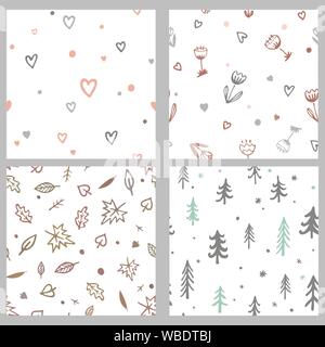 Vector set with cute doodle seamless patterns. Cartoon hand drawn leaves, trees, flowers, and hearts. Simple but trendy backgrounds Stock Vector