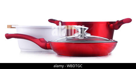 Frying pan and steel pots isolated on white background. Stock Photo