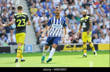 Martin Montoya of Brighton reacts after missing a chance during the Premier League match between Brighton and Hove Albion and Southampton at the American Express Community Stadium , Brighton , 24 August 2019 Editorial use only. No merchandising. For Football images FA and Premier League restrictions apply inc. no internet/mobile usage without FAPL license - for details contact Football Dataco Stock Photo