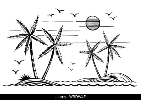 Palm trees on the tropical island and seagulls in the sea waves. Stock Vector