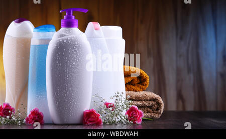 Plastic bottles of body care and beauty products. Stock Photo