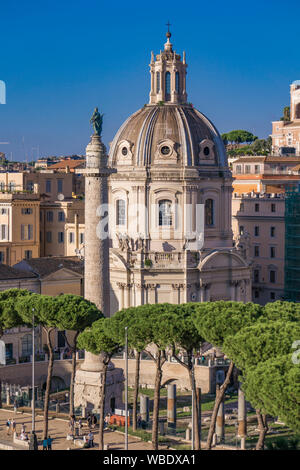 ROME, ITALY - SEPTEMBER 23, 2018: Unidentified people by Traian column and church Santissimo Nome di Maria al Foro Traiano in Rome, Italy. Stock Photo