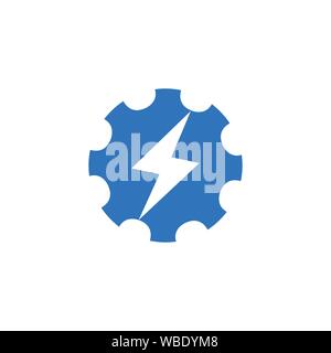 Universal energy tech rapid app vector icon symbol. Abstract cog wheel with flash logo design template. Geometric gear fast quick thunderbolt logotype Stock Vector