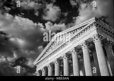 Dramatic black and white view of the neoclassical facade of the Supreme Court of the United States in Washington DC, USA Stock Photo