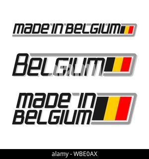 Vector illustration of  logo for 'made in Belgium', consisting of three isolated belgian national state flags and text Belgium on white background. Stock Vector