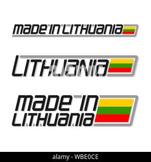 Vector illustration of logo for "made in Lithuania", consisting of three isolated lithuanian national state flags and text Lithuania on white backgrou Stock Vector