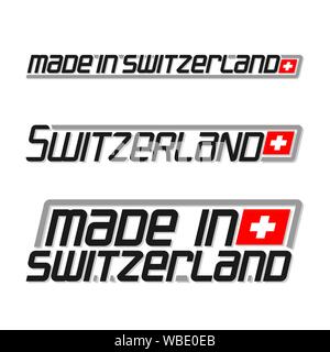 Vector illustration of logo for "made in Switzerland", consisting of three swiss national state flags and text Switzerland on white background. Stock Vector