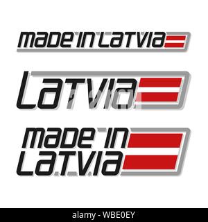 Vector illustration of logo for 'made in Latvia', consisting of three isolated latvian national state flags and text Latvia on white background. Stock Vector