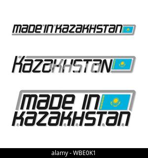 Vector illustration of logo for 'made in Kazakhstan', consisting of three isolated flags drawings with kazakh national state flag and text Kazakhstan Stock Vector