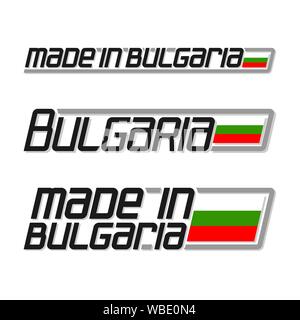 Vector illustration of logo for 'made in Bulgaria', consisting of three isolated flags drawings with bulgarian national state flag and text Bulgaria o Stock Vector