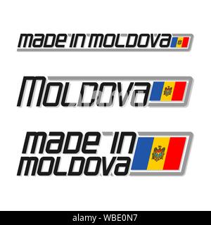 Vector illustration of logo for 'made in Moldova', consisting of three isolated flags drawings with moldavian national state flag and text Moldova on Stock Vector