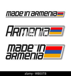 Vector illustration of logo for 'made in Armenia', consisting of three isolated flags drawings with Armenian national state flag and text Armenia on w Stock Vector