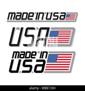 Vector illustration of logo for 'made in USA', consisting of three isolated drawings flags with american national state flag of United States of Ameri Stock Vector