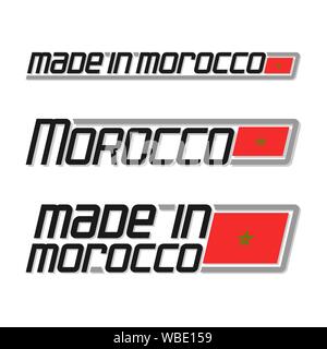 Vector illustration of logo "made in Morocco", three isolated african national state flags and text morocco on white background. Stock Vector