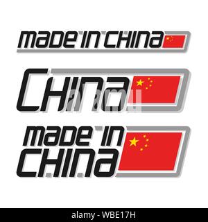 Vector illustration logo 'made in China', three isolated chinese national state flag and text china on white. Stock Vector