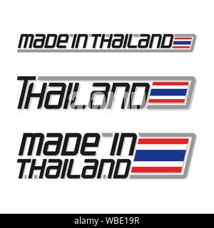 Vector illustration logo 'made in Thailand', three isolated thai national state flag and text thailand on white. Stock Vector
