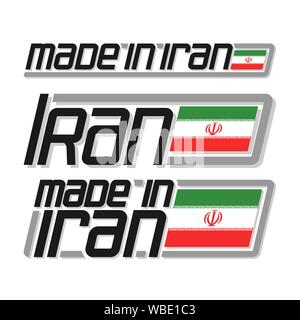 Vector illustration of logo "made in Iran", three isolated iranian national state flag and text iran on white. Stock Vector