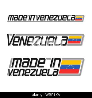 Vector illustration of logo "made in Venezuela", three isolated Venezuelan national state flags and text venezuela on white background. Stock Vector